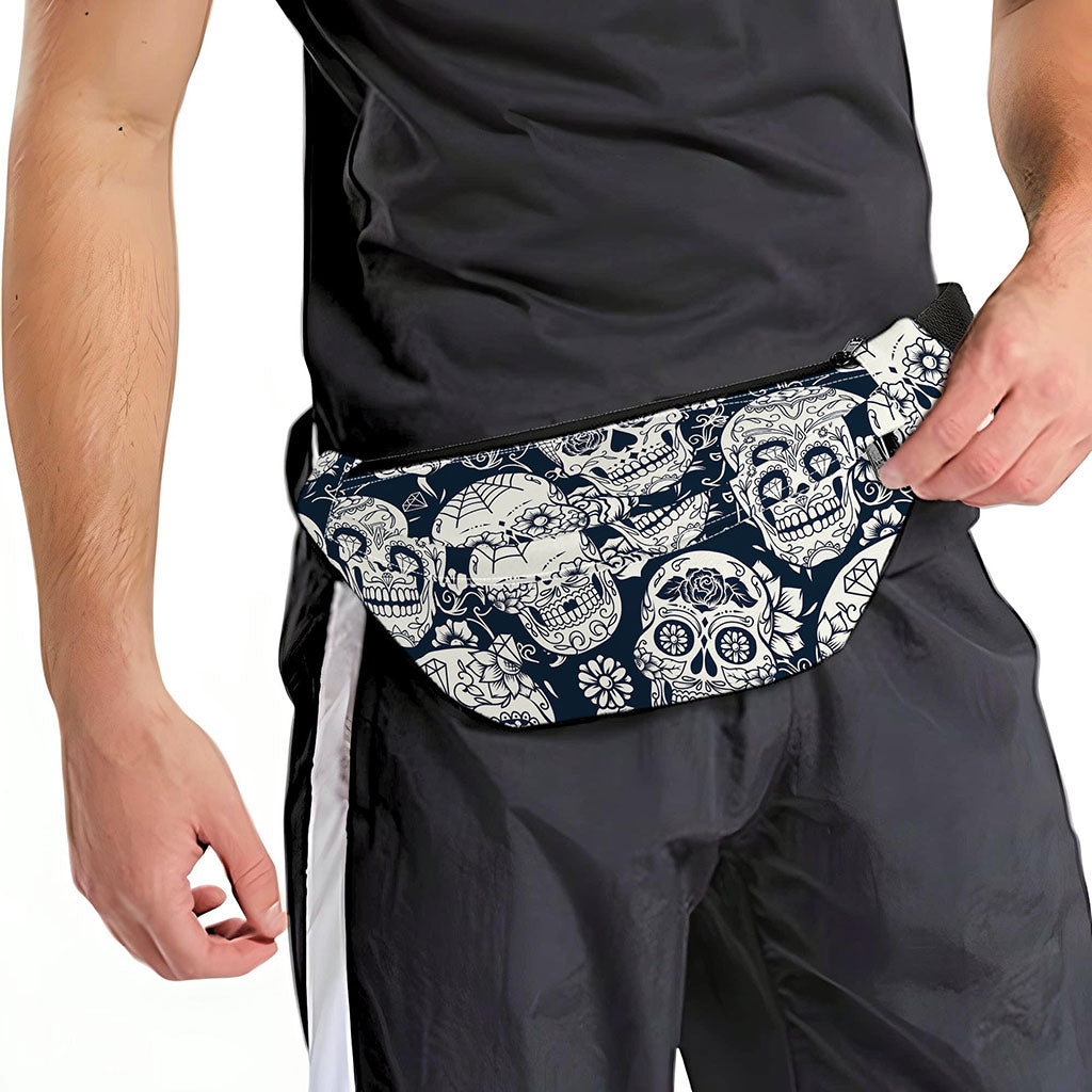 White Floral Sugar Skull Pattern Print Fanny Pack
