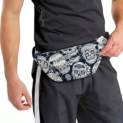 White Floral Sugar Skull Pattern Print Fanny Pack