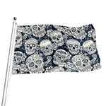 White Floral Sugar Skull Pattern Print Flag