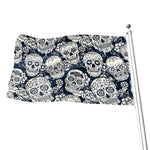 White Floral Sugar Skull Pattern Print Flag