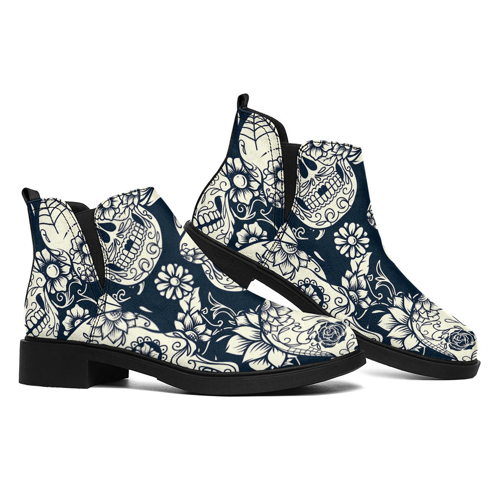 White Floral Sugar Skull Pattern Print Flat Ankle Boots