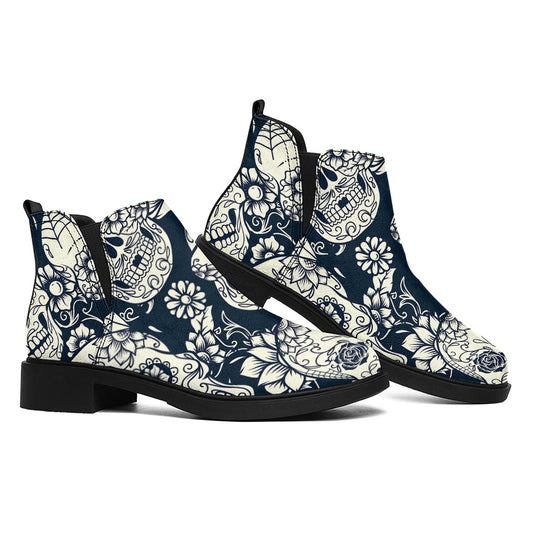 White Floral Sugar Skull Pattern Print Flat Ankle Boots