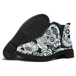 White Floral Sugar Skull Pattern Print Flat Ankle Boots