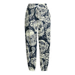 White Floral Sugar Skull Pattern Print Fleece Lined Knit Pants
