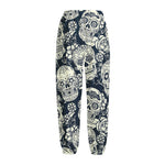 White Floral Sugar Skull Pattern Print Fleece Lined Knit Pants