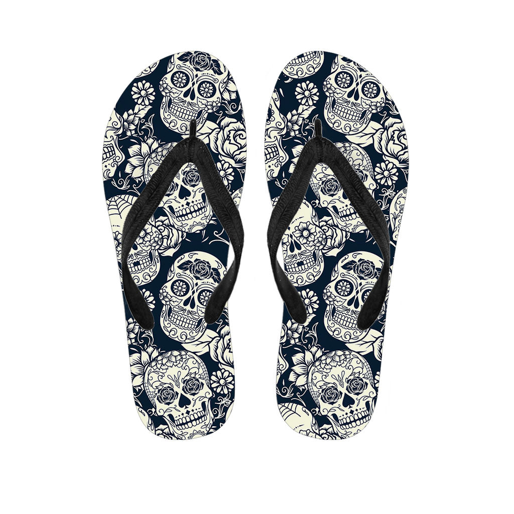 White Floral Sugar Skull Pattern Print Flip Flops
