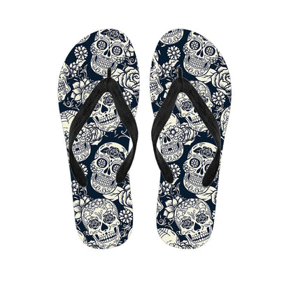 White Floral Sugar Skull Pattern Print Flip Flops
