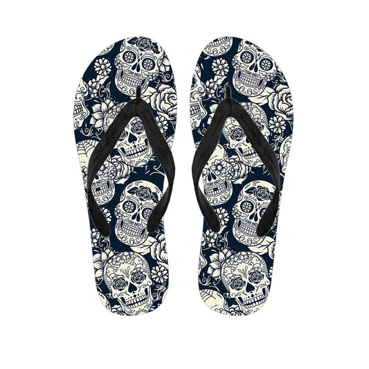 White Floral Sugar Skull Pattern Print Flip Flops