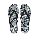 White Floral Sugar Skull Pattern Print Flip Flops