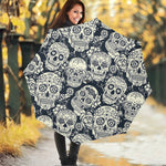 White Floral Sugar Skull Pattern Print Foldable Umbrella