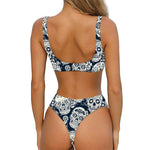 White Floral Sugar Skull Pattern Print Front Bow Tie Bikini