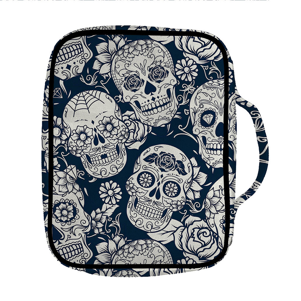White Floral Sugar Skull Pattern Print Front Pocket Bible Bag