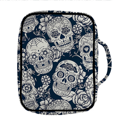 White Floral Sugar Skull Pattern Print Front Pocket Bible Bag