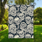 White Floral Sugar Skull Pattern Print Garden Flag