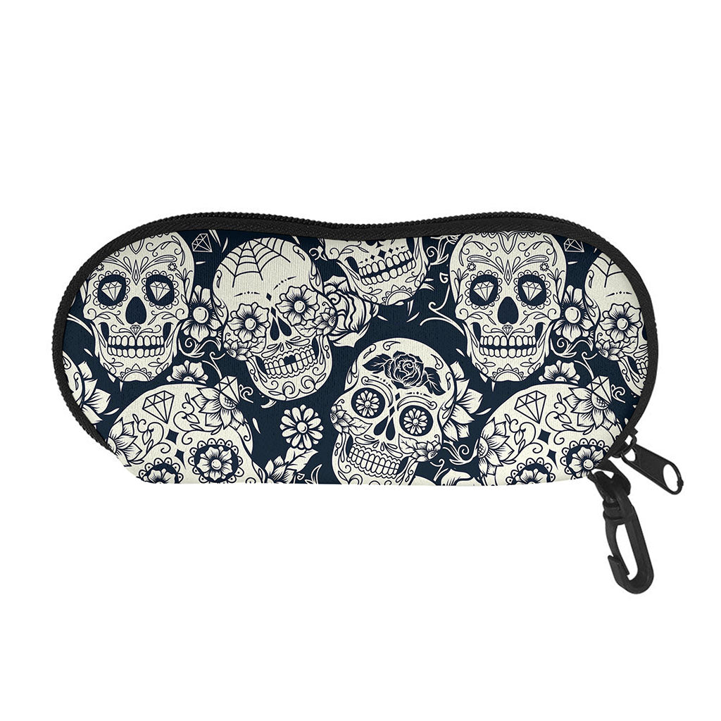 White Floral Sugar Skull Pattern Print Glasses Case