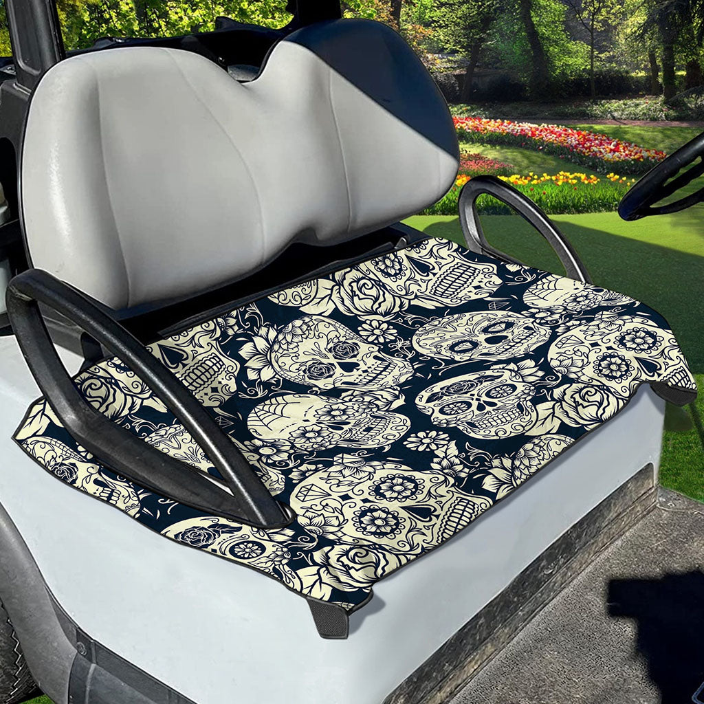White Floral Sugar Skull Pattern Print Golf Cart Seat Cover