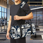 White Floral Sugar Skull Pattern Print Gym Bag