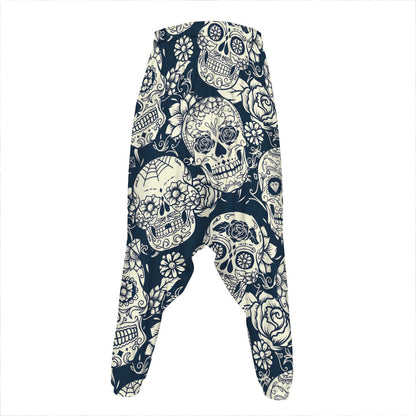 White Floral Sugar Skull Pattern Print Hammer Pants