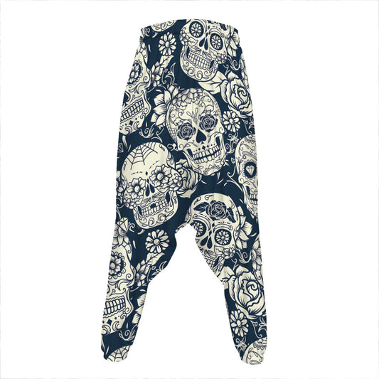 White Floral Sugar Skull Pattern Print Hammer Pants