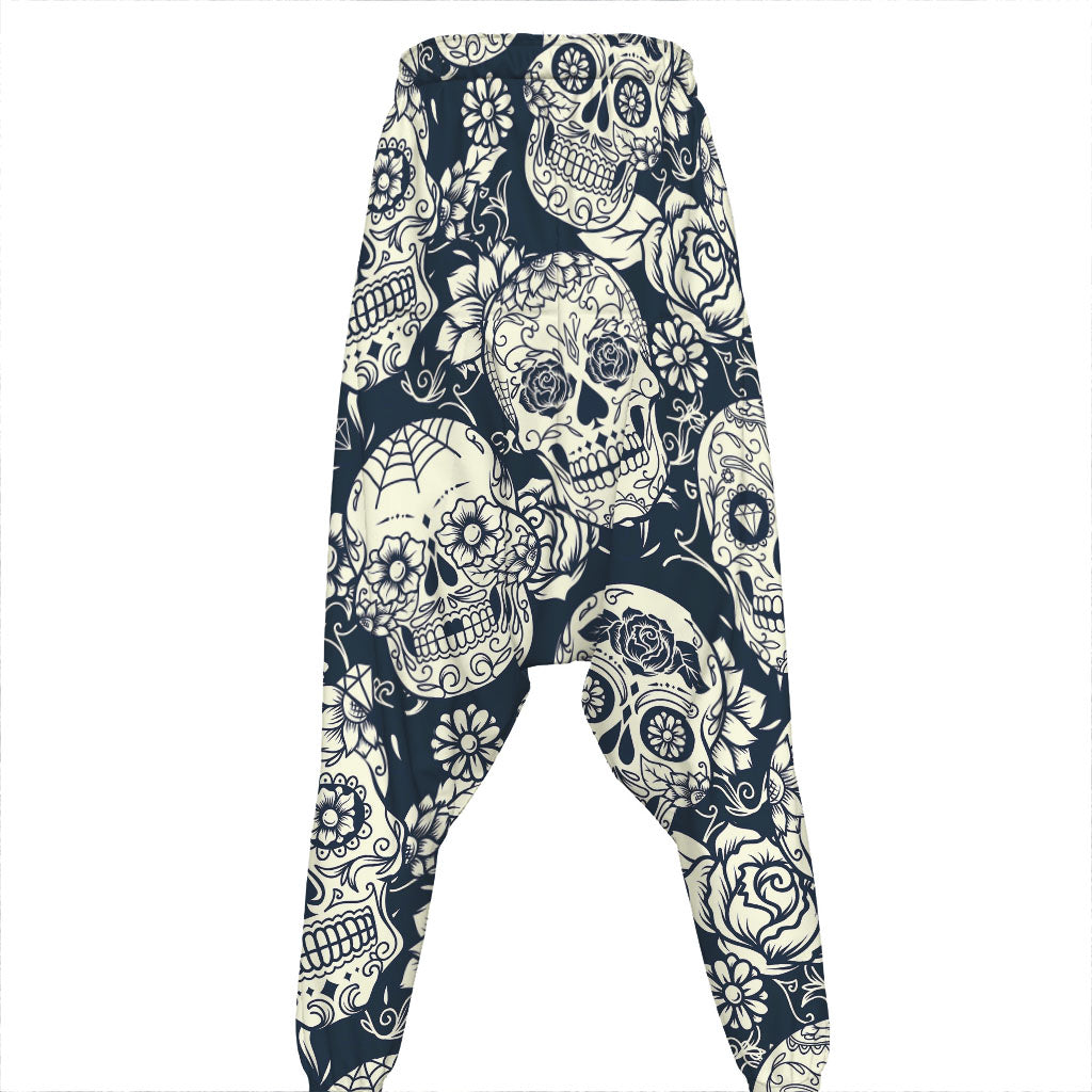 White Floral Sugar Skull Pattern Print Hammer Pants