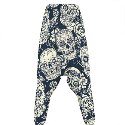 White Floral Sugar Skull Pattern Print Hammer Pants