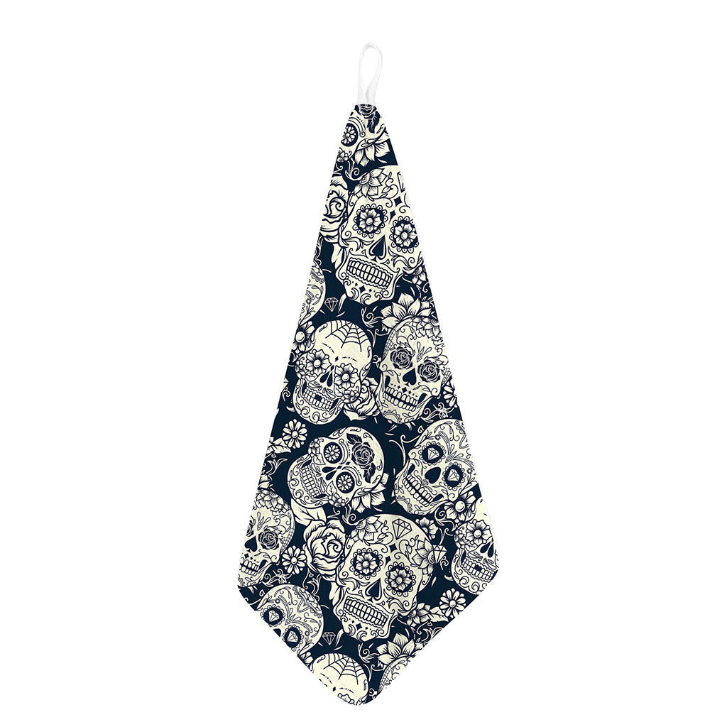 White Floral Sugar Skull Pattern Print Hand Towel