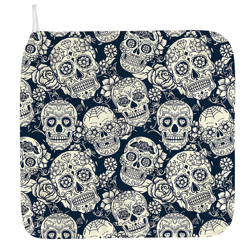 White Floral Sugar Skull Pattern Print Hand Towel