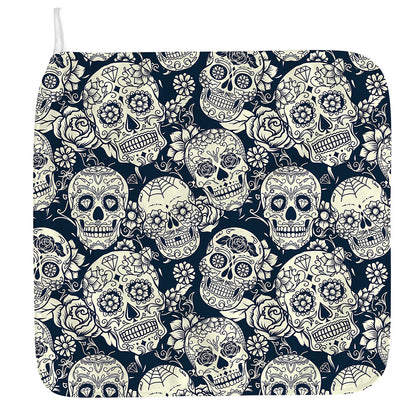 White Floral Sugar Skull Pattern Print Hand Towel