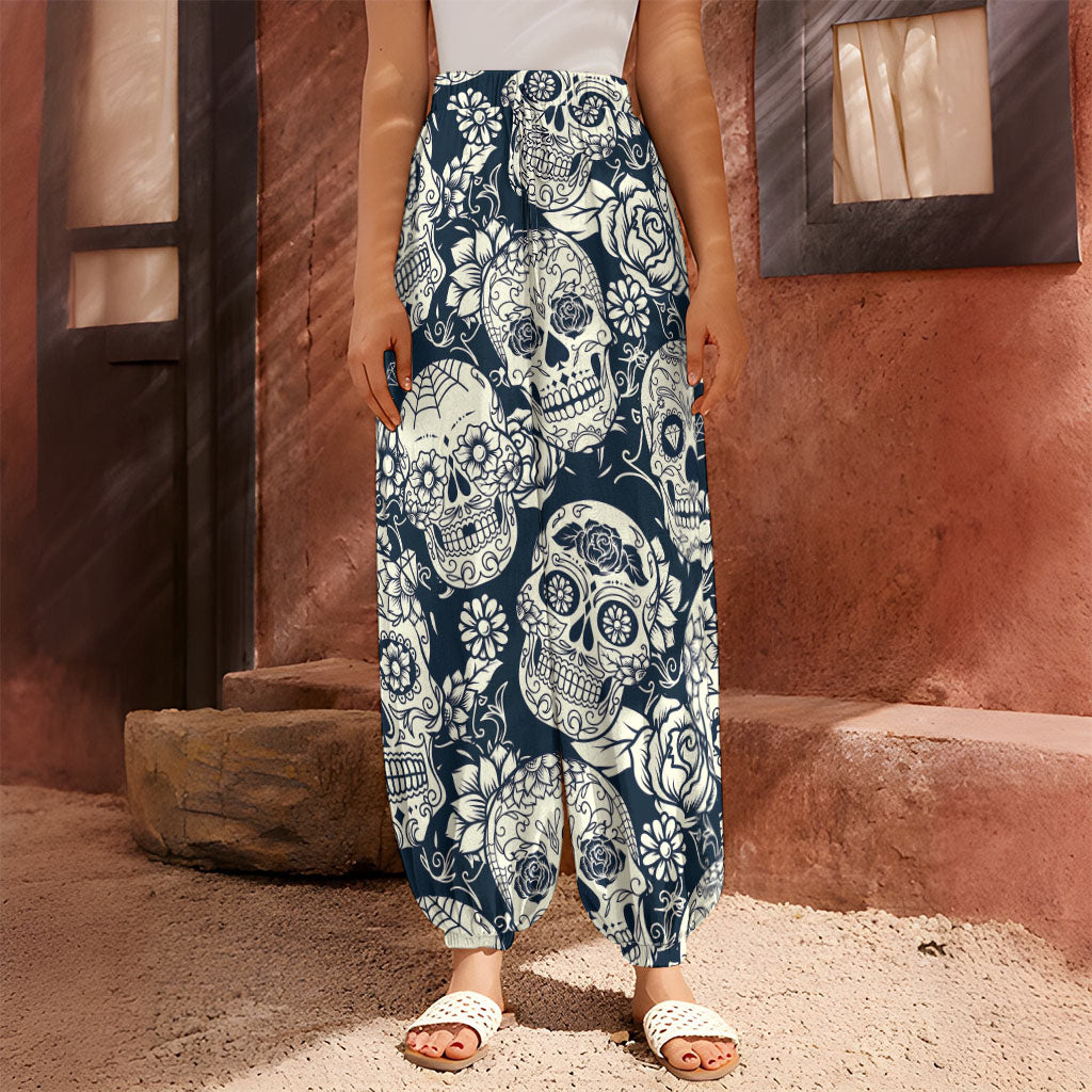 White Floral Sugar Skull Pattern Print Harem Pants