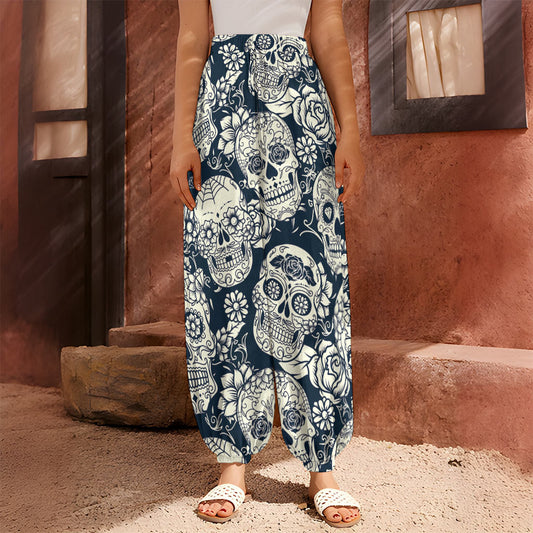 White Floral Sugar Skull Pattern Print Harem Pants
