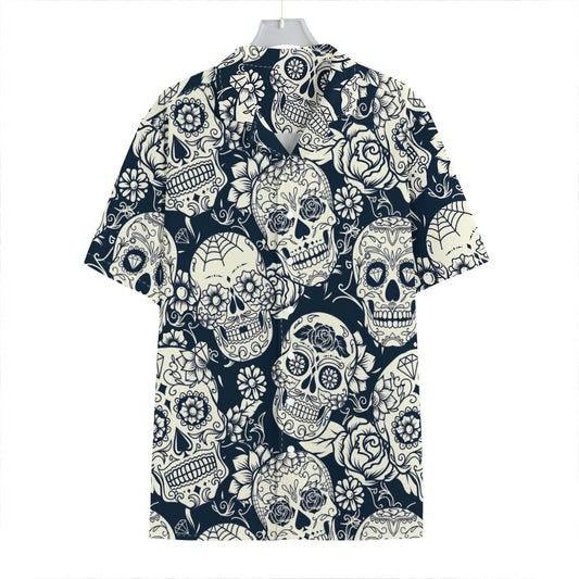 White Floral Sugar Skull Pattern Print Hawaiian Shirt