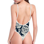 White Floral Sugar Skull Pattern Print High Cut One Piece Swimsuit