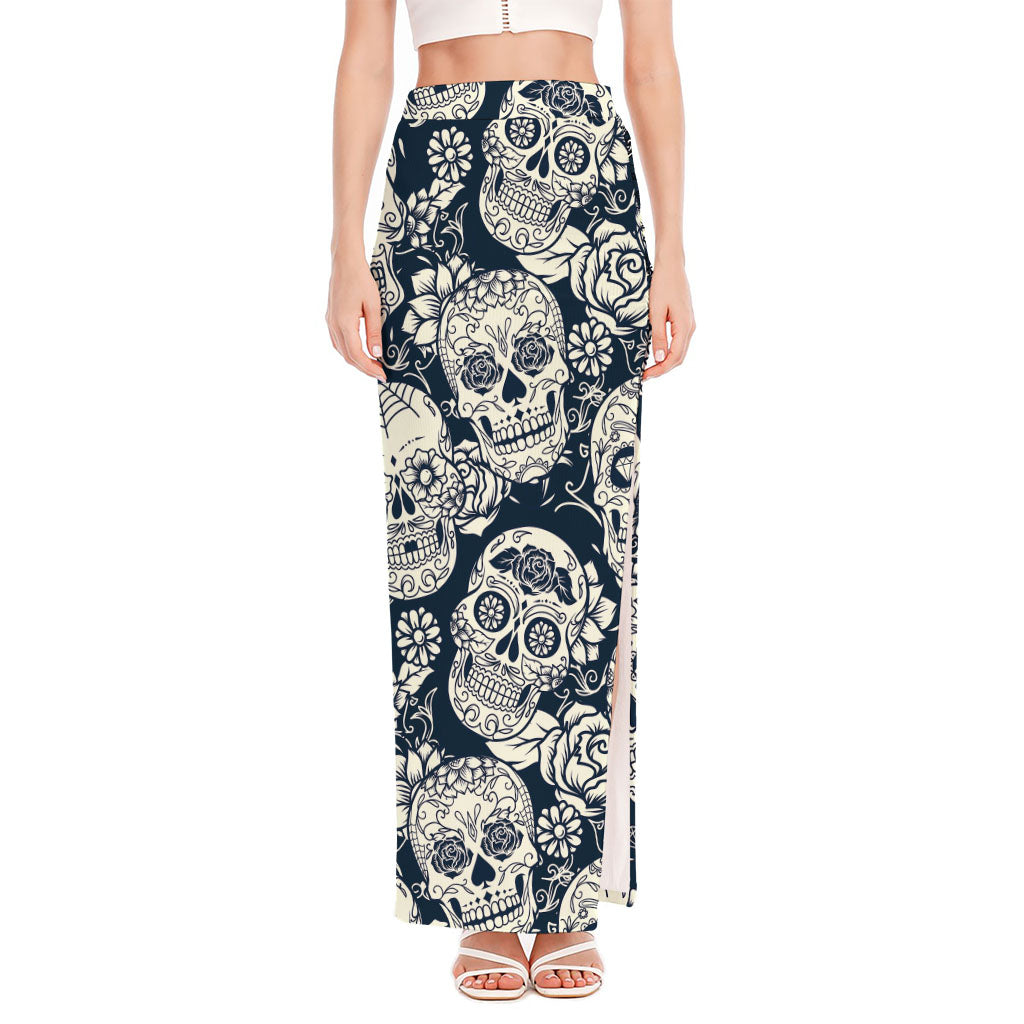 White Floral Sugar Skull Pattern Print High Slit Maxi Skirt