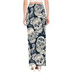White Floral Sugar Skull Pattern Print High Slit Maxi Skirt
