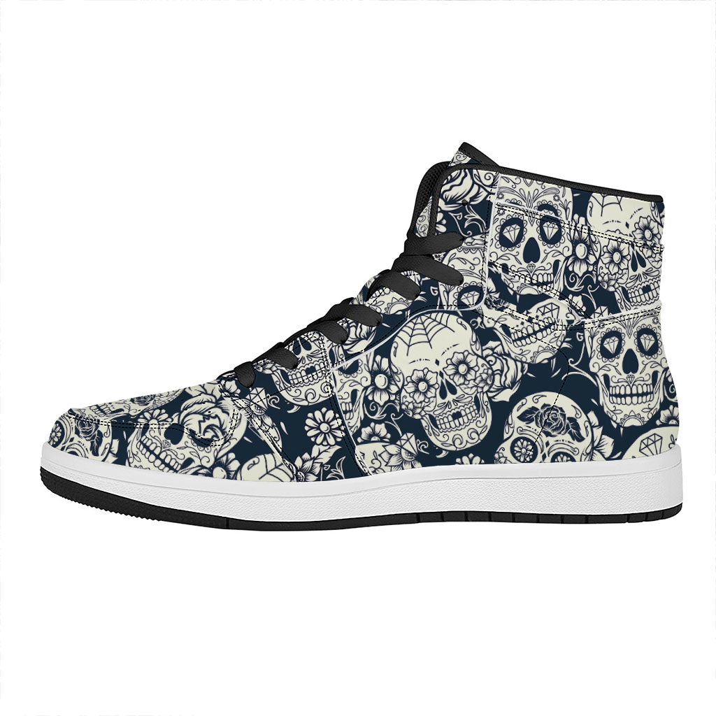 White Floral Sugar Skull Pattern Print High Top Leather Sneakers