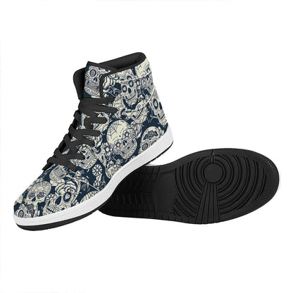 White Floral Sugar Skull Pattern Print High Top Leather Sneakers