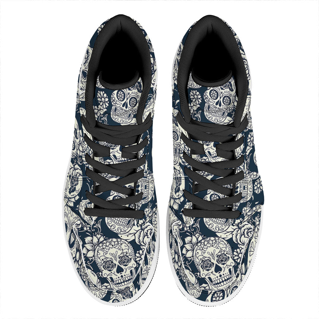 White Floral Sugar Skull Pattern Print High Top Leather Sneakers