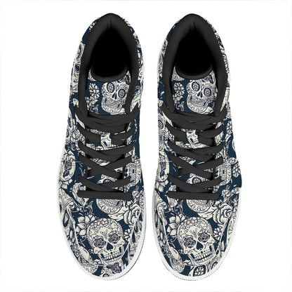 White Floral Sugar Skull Pattern Print High Top Leather Sneakers