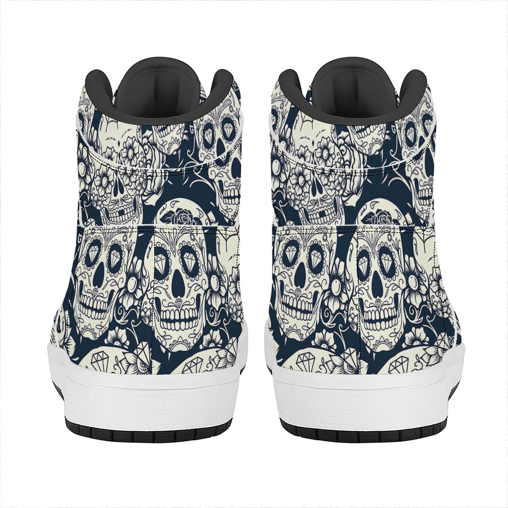 White Floral Sugar Skull Pattern Print High Top Leather Sneakers