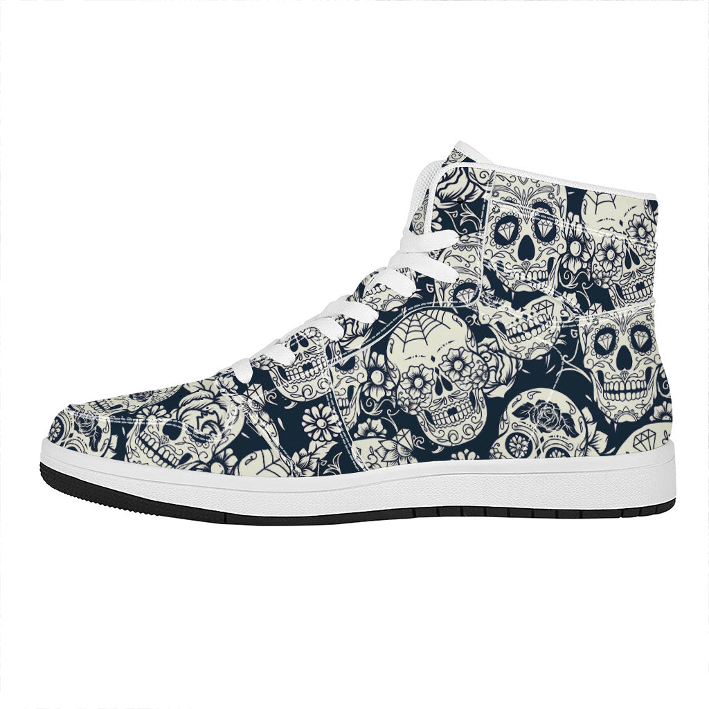 White Floral Sugar Skull Pattern Print High Top Leather Sneakers