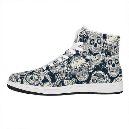 White Floral Sugar Skull Pattern Print High Top Leather Sneakers