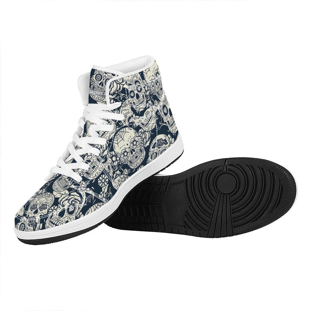White Floral Sugar Skull Pattern Print High Top Leather Sneakers