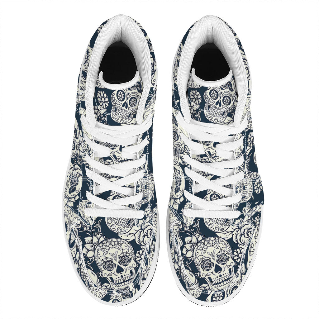 White Floral Sugar Skull Pattern Print High Top Leather Sneakers