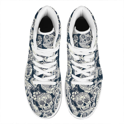 White Floral Sugar Skull Pattern Print High Top Leather Sneakers