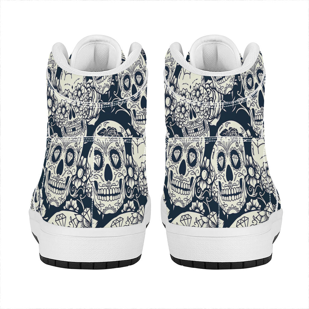 White Floral Sugar Skull Pattern Print High Top Leather Sneakers