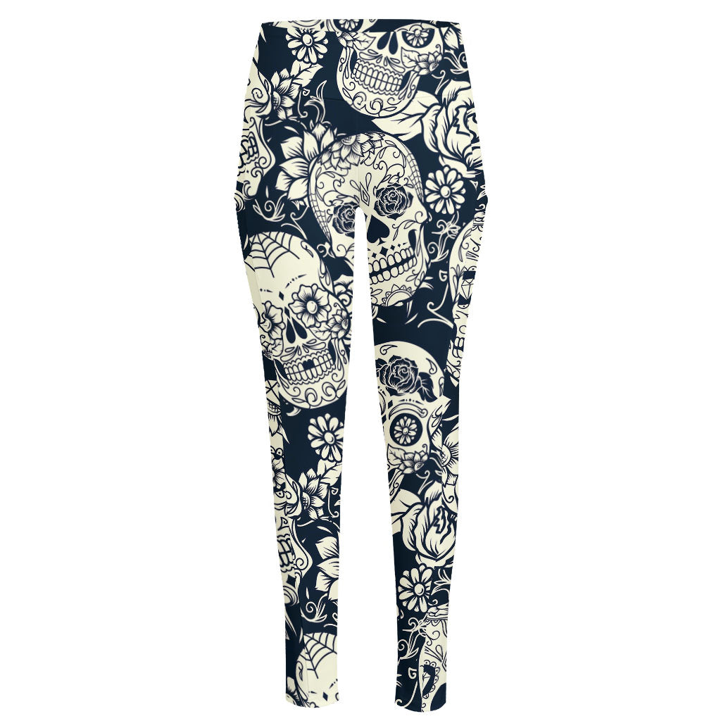 White Floral Sugar Skull Pattern Print High-Waisted Pocket Leggings