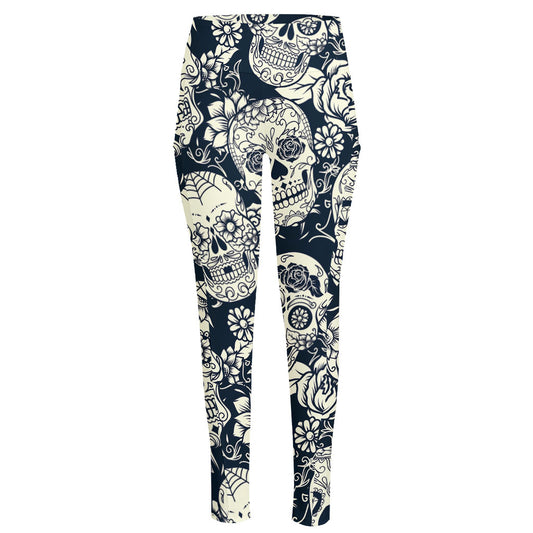 White Floral Sugar Skull Pattern Print High-Waisted Pocket Leggings