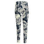 White Floral Sugar Skull Pattern Print High-Waisted Pocket Leggings