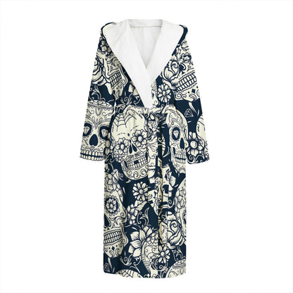White Floral Sugar Skull Pattern Print Hooded Bathrobe