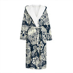 White Floral Sugar Skull Pattern Print Hooded Bathrobe